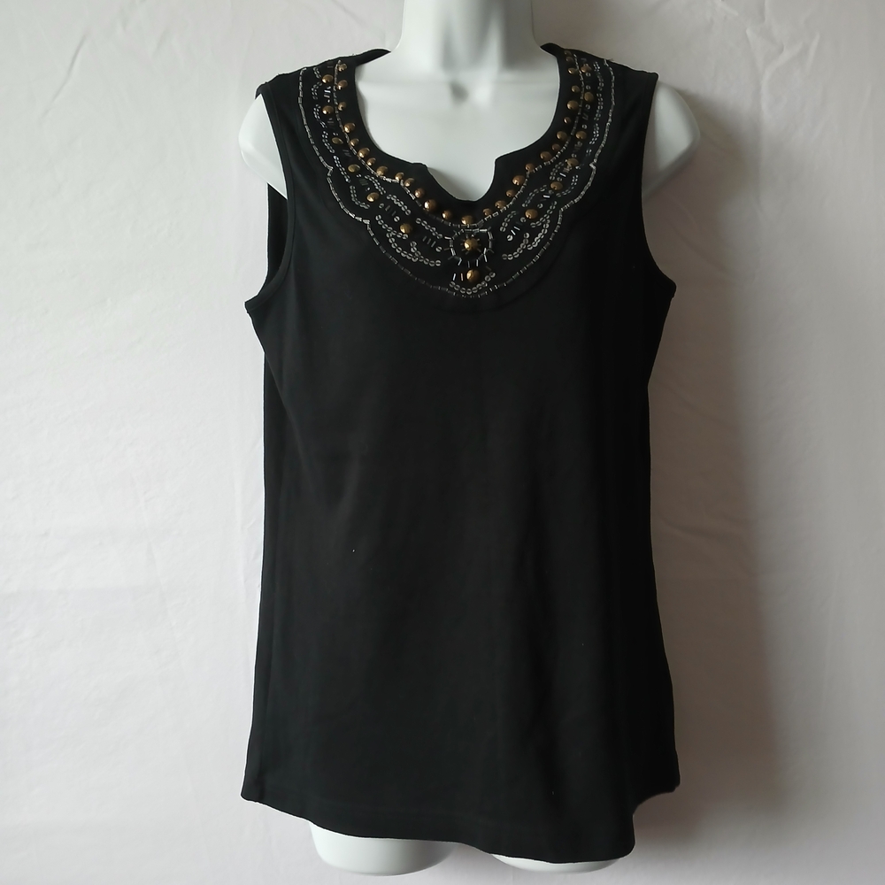 Falls Creek Black Tank Top Beaded V Neck Sz L Dressy Career Layering Casual